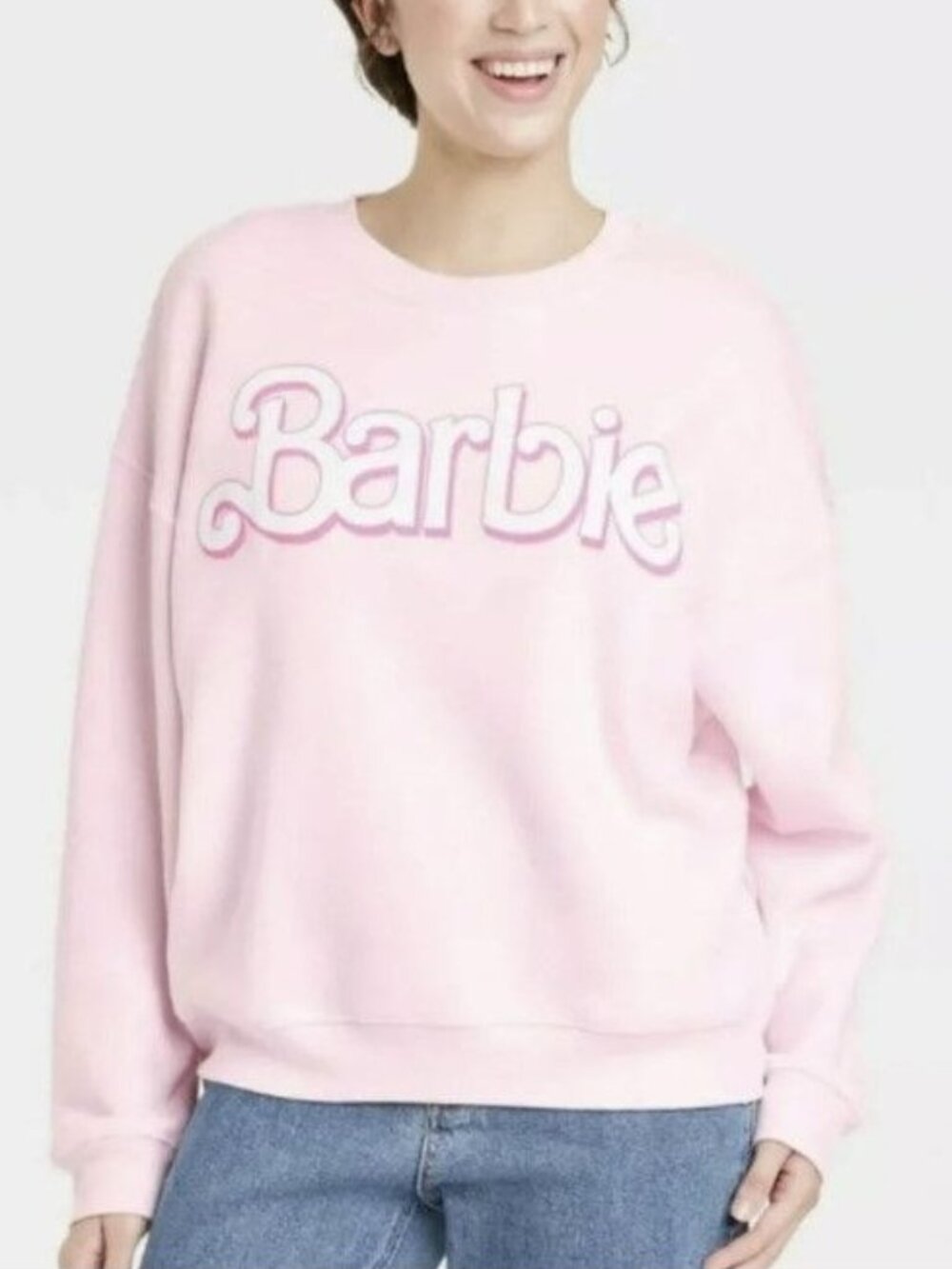 Barbie Light Pink Logo Fleece Crew Neck Sweatshirt Relaxed Fit Pastel L Large